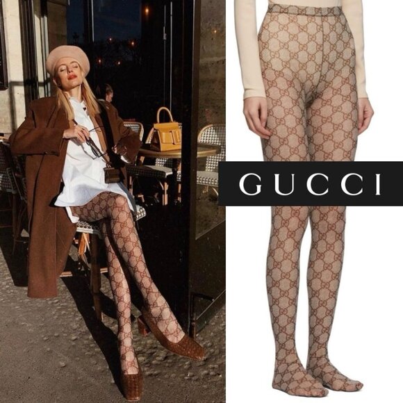 NEW Gucci Tights Brown GG Print Supreme Size L - Picture 1 of 9